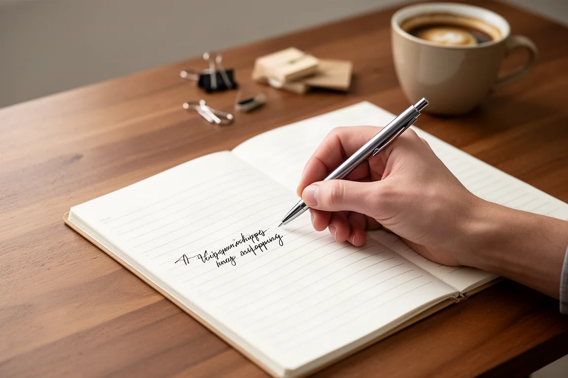 Een hand schrijft soepel met een low-viscosity balpen op een bureau