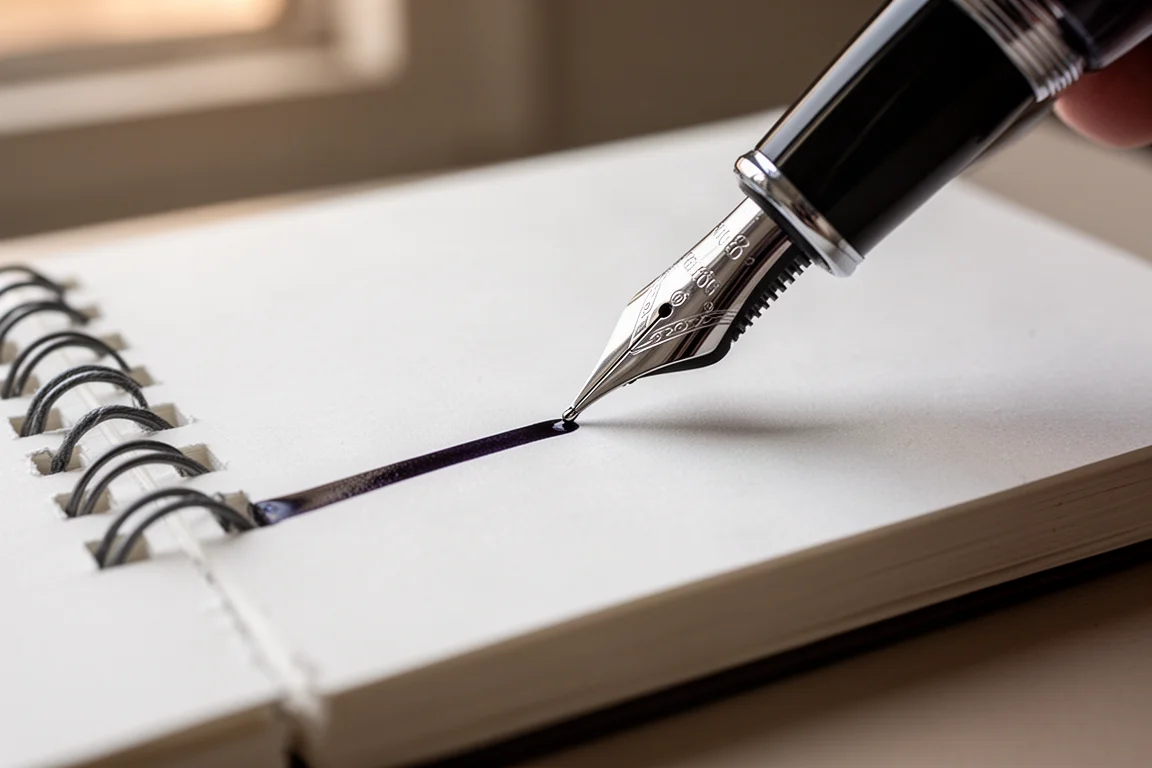 Vulpenpunt glijdt soepel over dik wit notitieboekpapier op een bureau