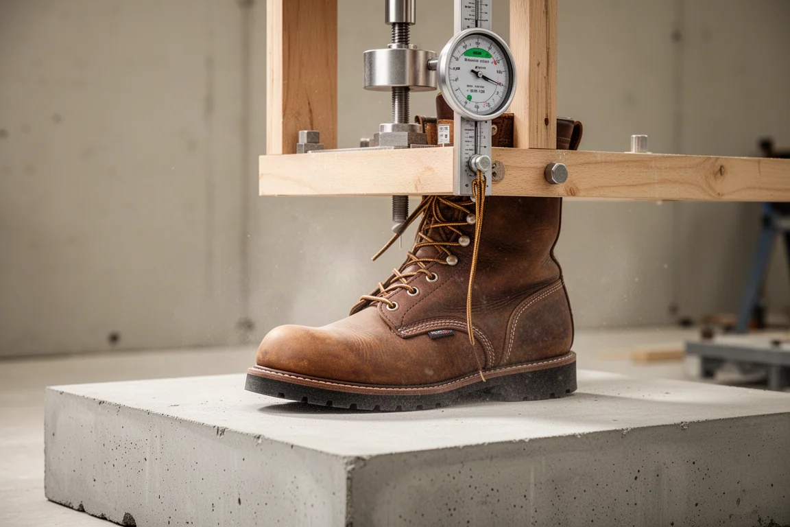 Arbeitsstiefel auf einer Betonplatte wird gezogen, um die Traktion zu messen