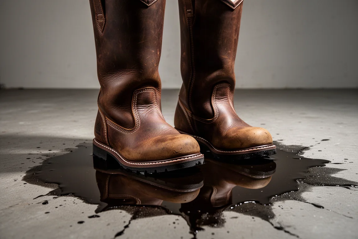 Zwei Arbeitsstiefel stehen im flachen Motoröl auf einer rutschigen Betonoberfläche