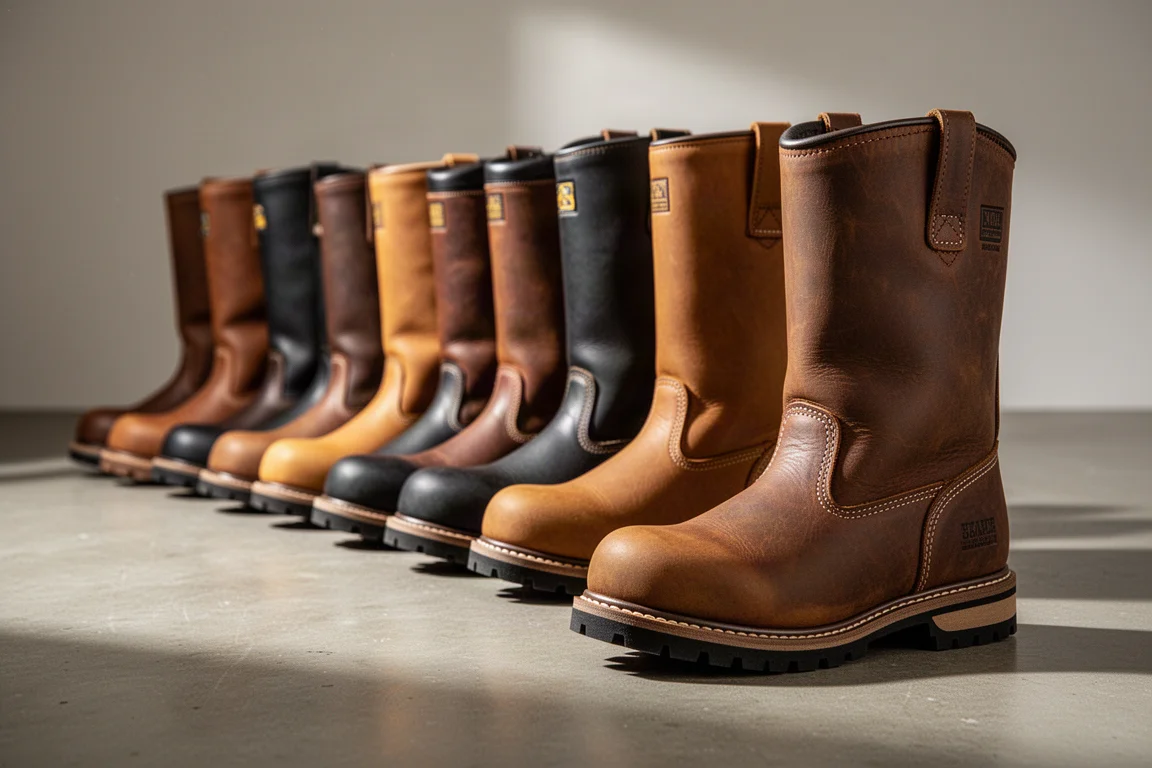 Row of twelve leather work boots on a concrete workshop floor