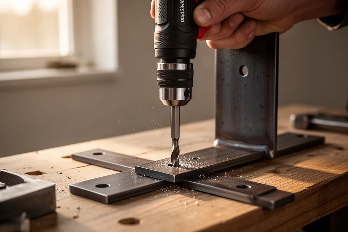 Hand-Knarre bohrt in einer Metallkonstruktion in einer Werkstatt