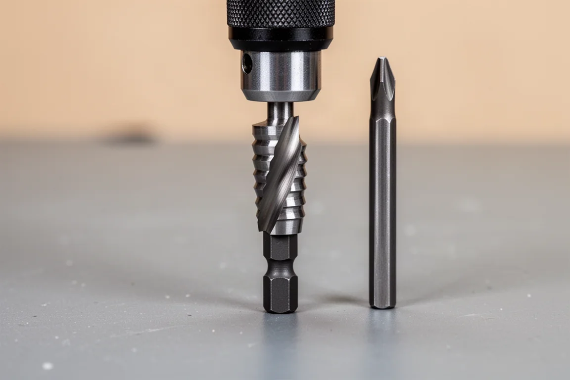 Small step drill bit dropping into a 1/4-inch hex driver beside a standard Phillips bit