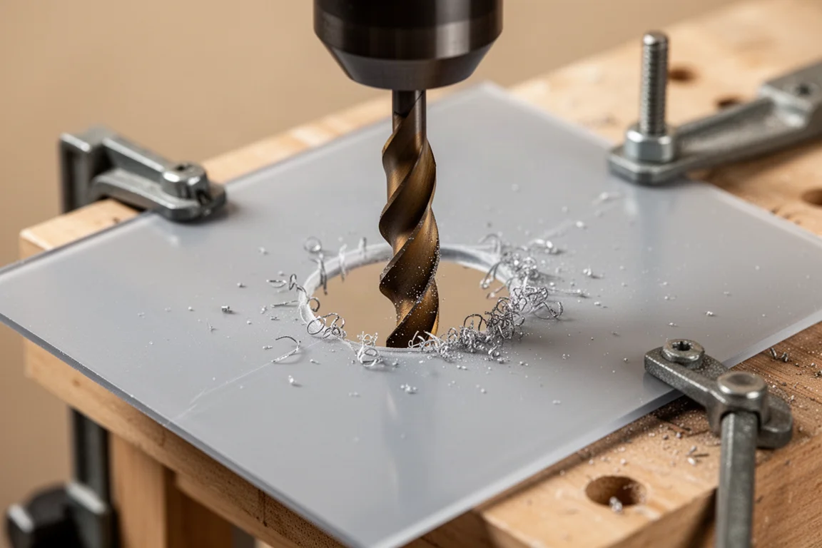 Step bit drilling a clean quarter-inch hole through thin plastic sheet