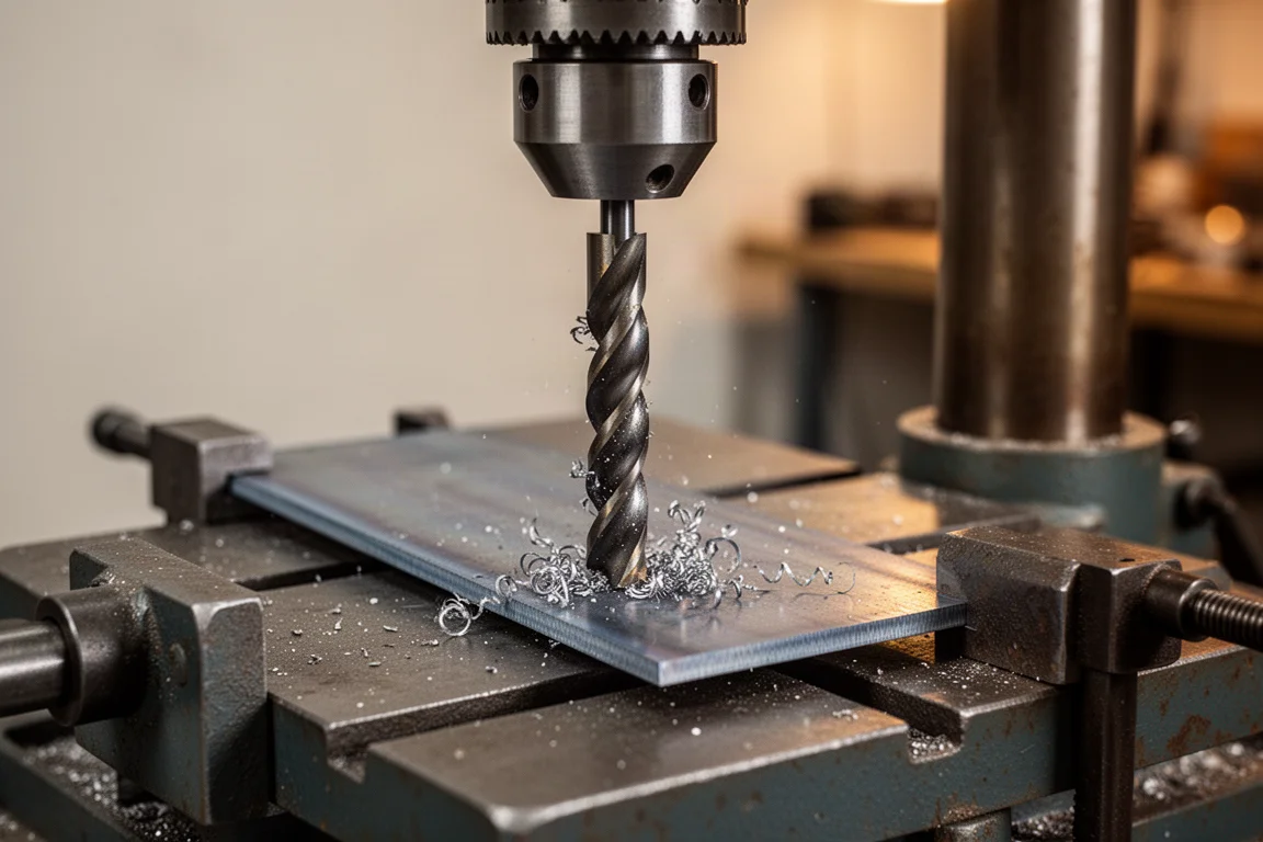 Step drill bit cutting a clean hole in a steel plate on a drill press