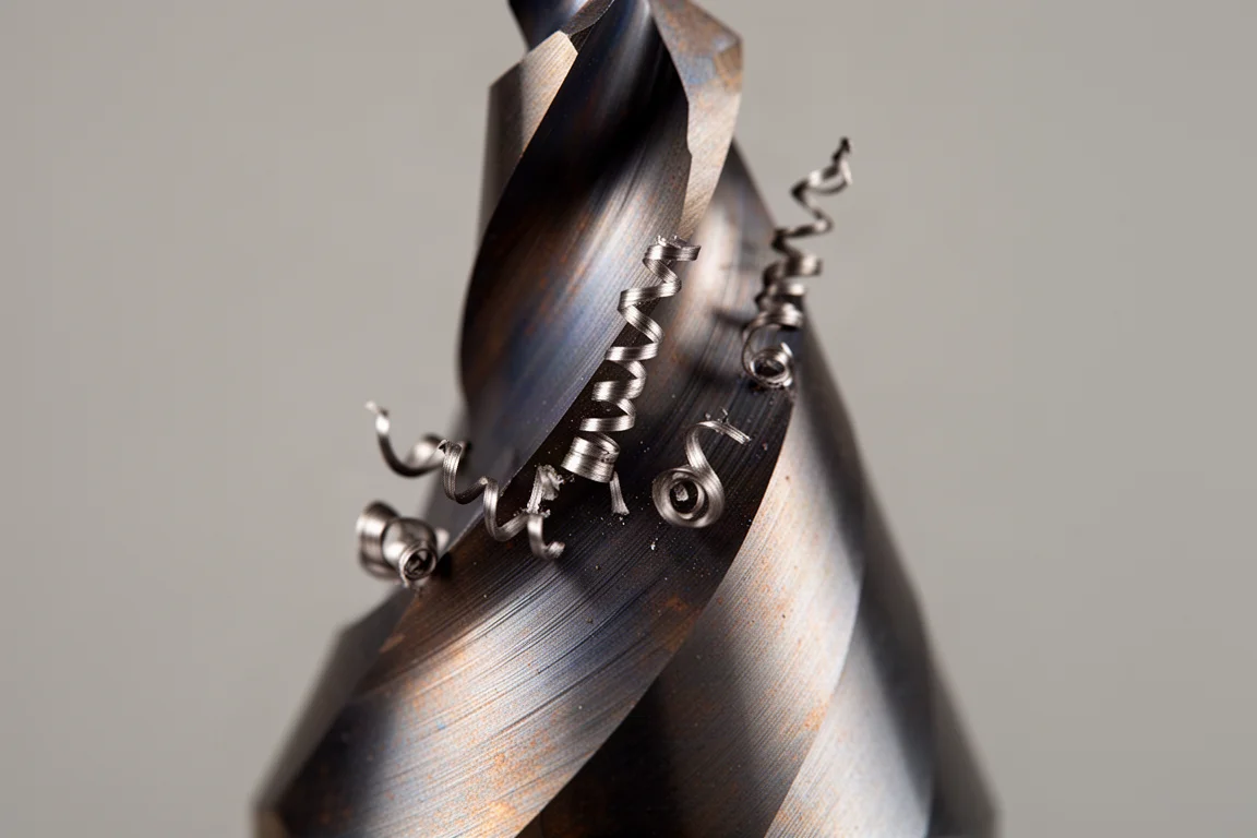 Close-up of spiral flutes on a cobalt step drill bit with metal shavings
