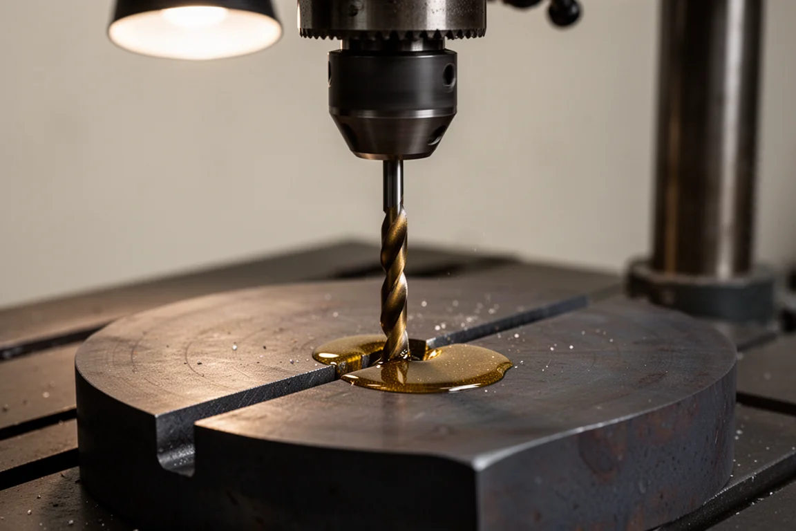 Drill press cutting through thick hardened steel plate with cutting oil