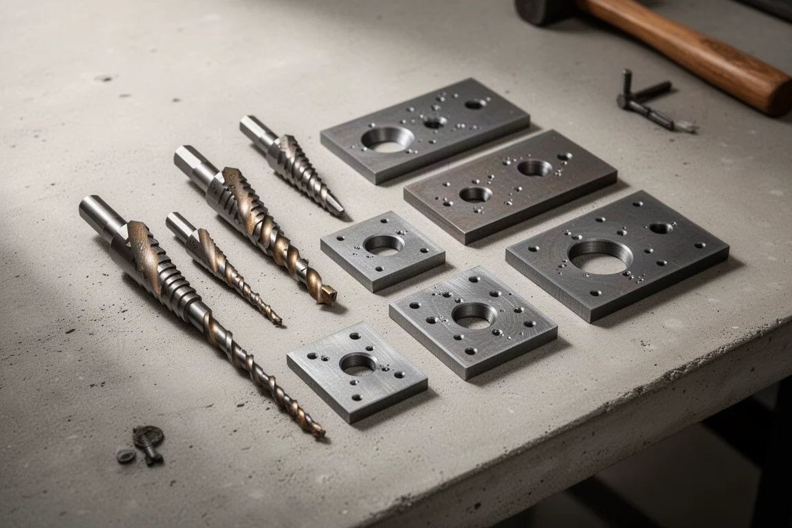 Step drill bits laid out on a workshop bench next to drilled steel plates