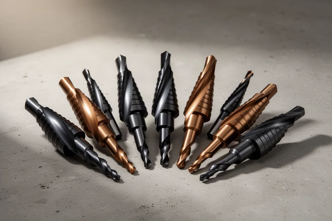 Twenty step drill bits of various finishes laid out on a concrete workshop surface
