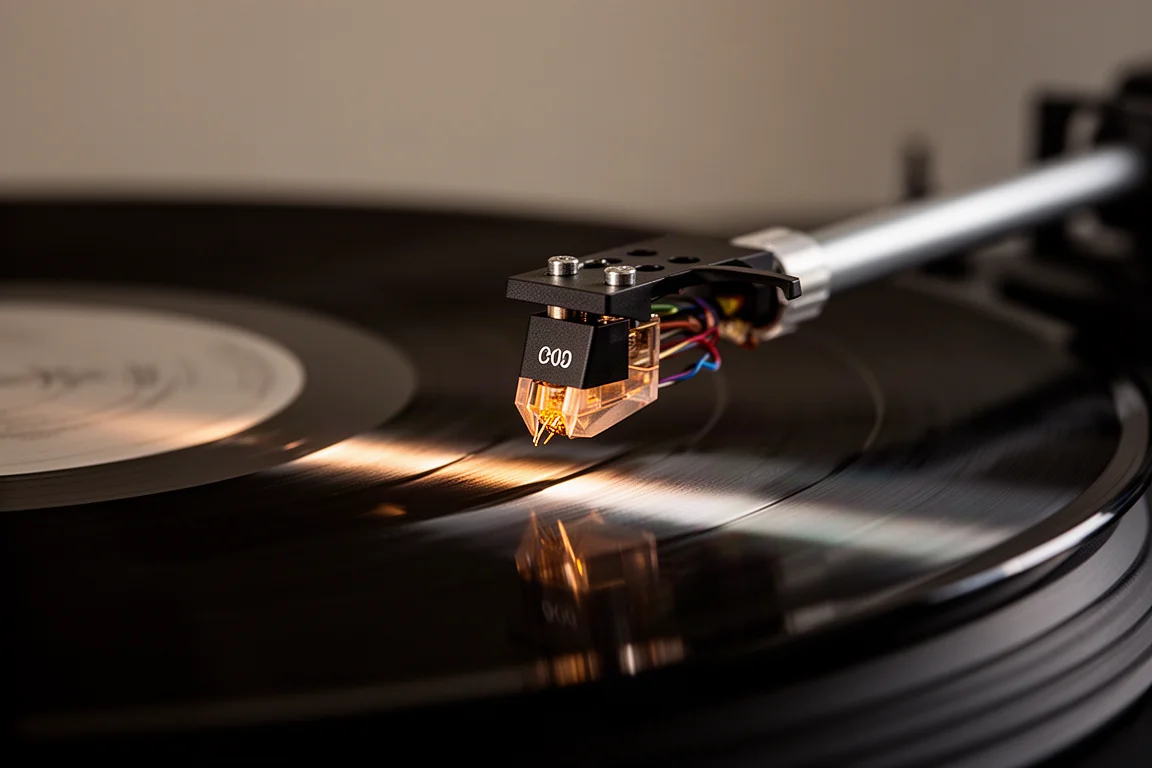 Testina moving coil e braccio sospesi sopra un disco in vinile che gira, in luce calda