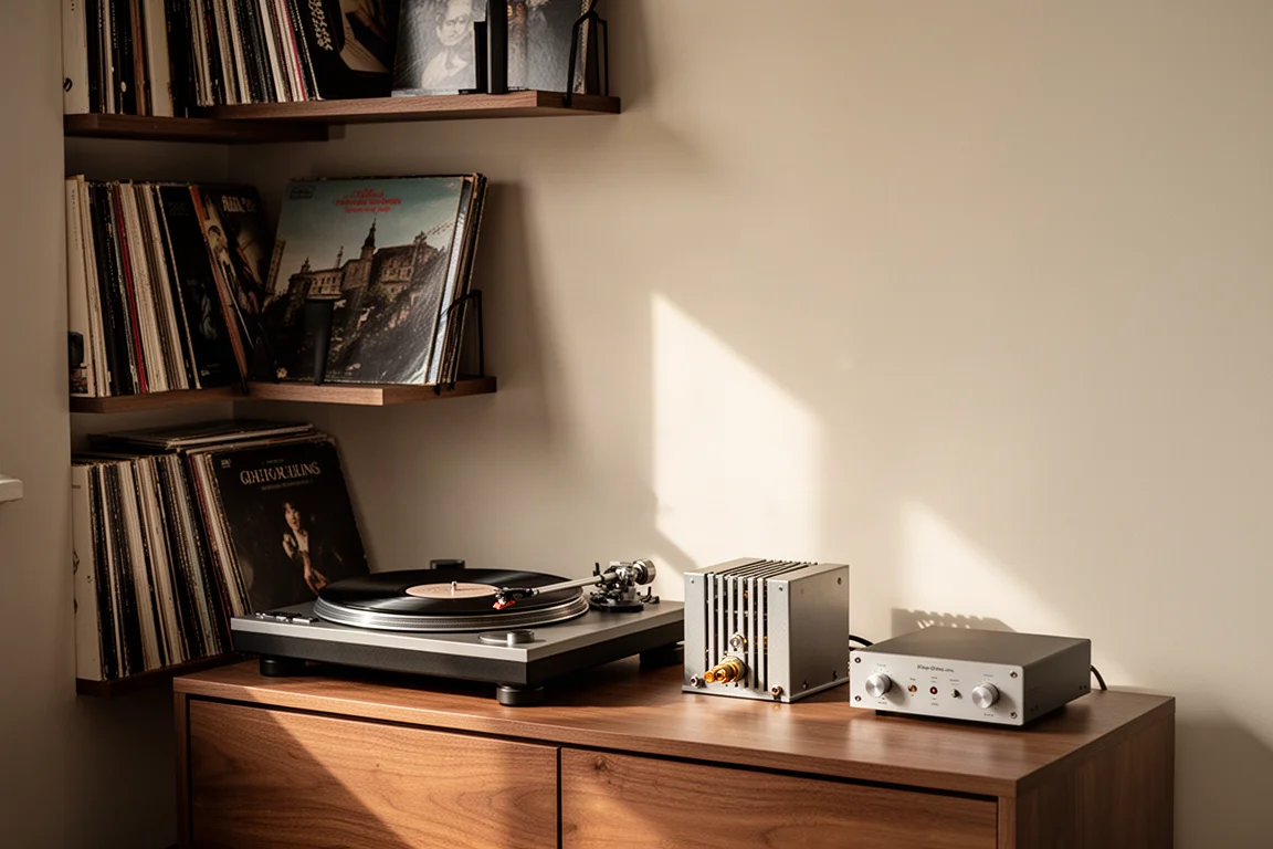 Angolo di una sala d'ascolto con scaffale per vinili, giradischi e un piccolo trasformatore accanto a un pre phono
