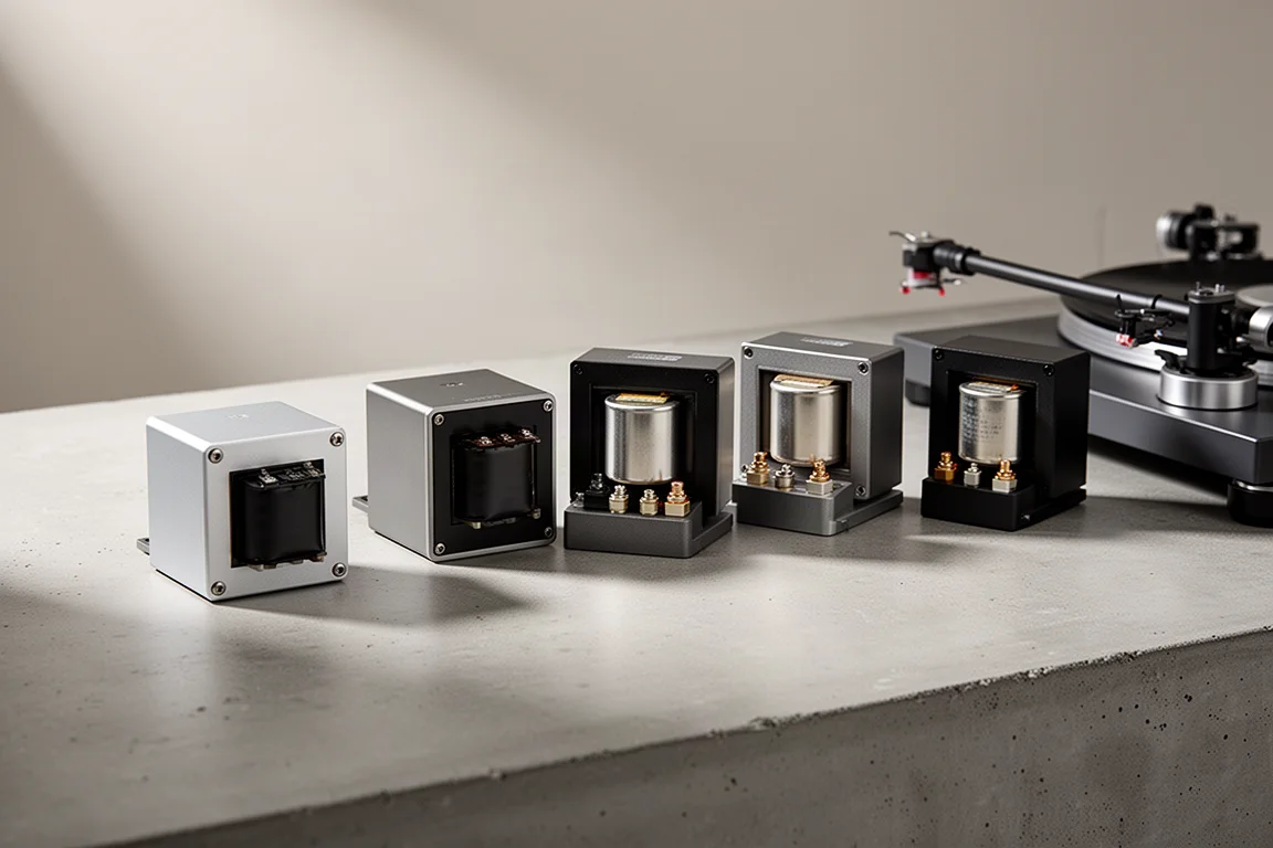 Six step-up transformer units arranged on a concrete surface beside a turntable tonearm