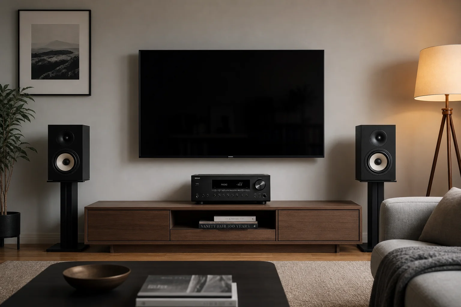 Home theater setup with receiver, TV, and speakers in living room