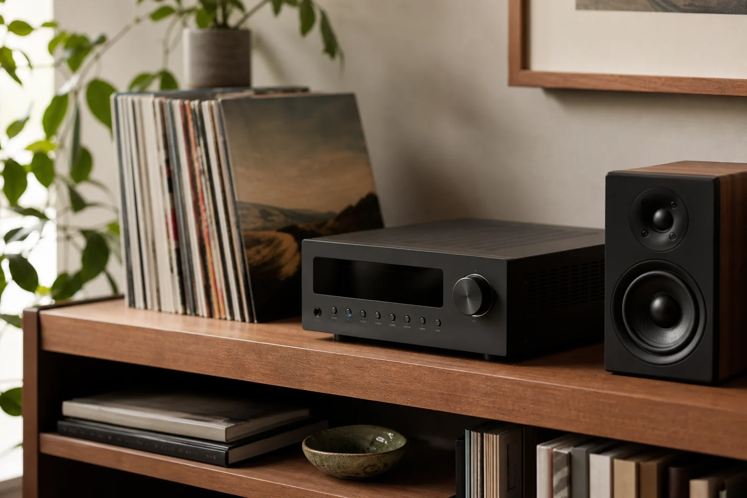 Compact all-in-one audio component on wooden shelf with vinyl records nearby