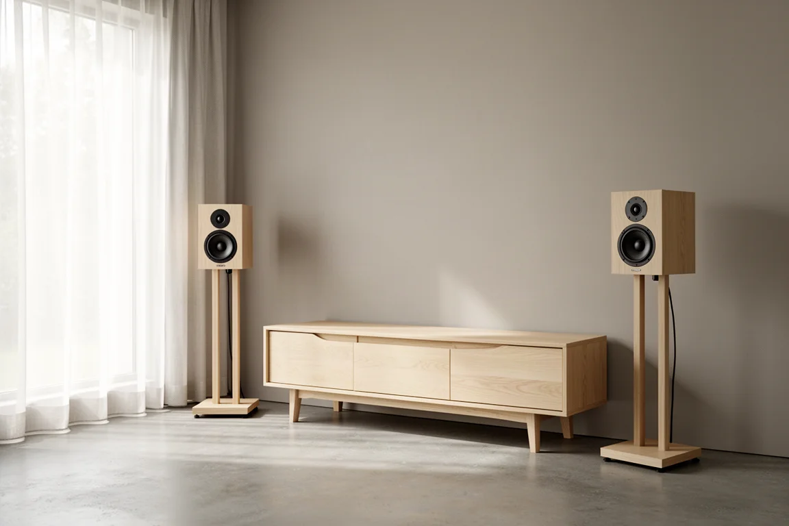 Par de altavoces de estantería pequeños sobre soportes de madera en un salón minimalista y luminoso
