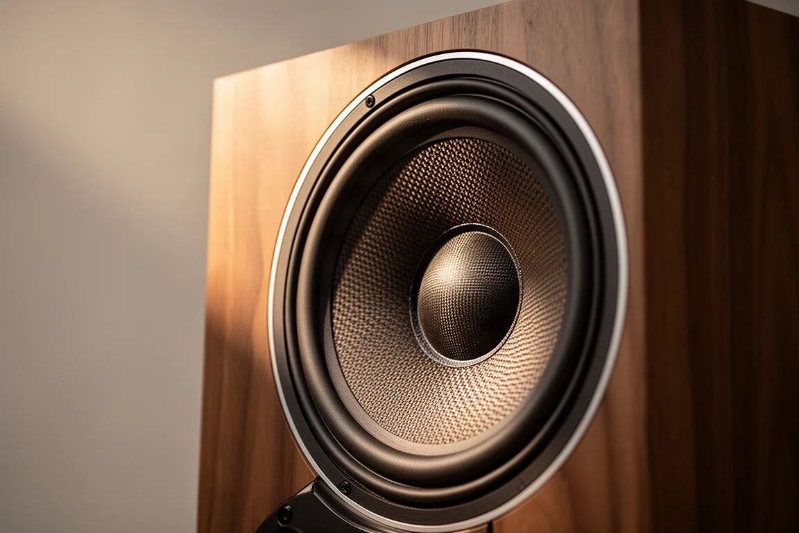 Primer plano del gran cono de woofer trenzado en una caja acústica con acabado de chapa de madera