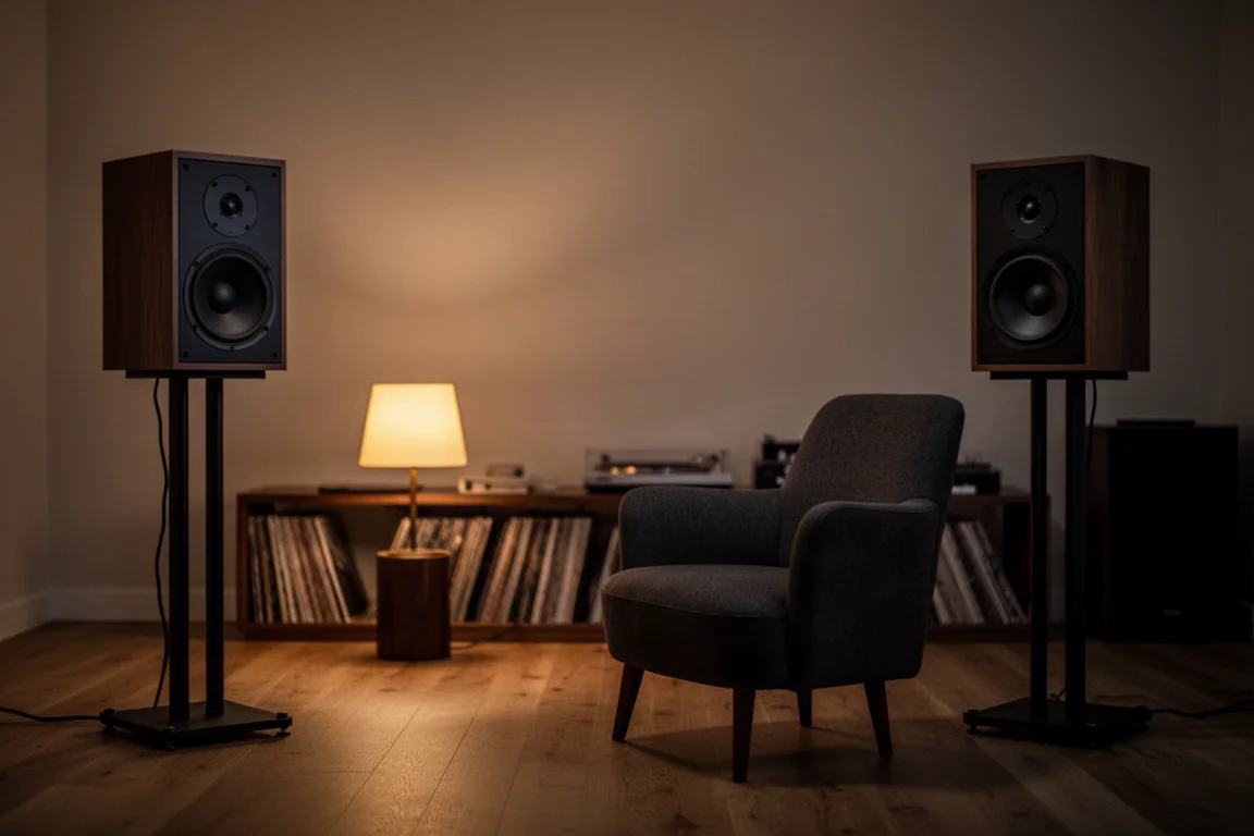 Sala de escucha nocturna con luz tenue, altavoces de estantería y una lámpara cálida