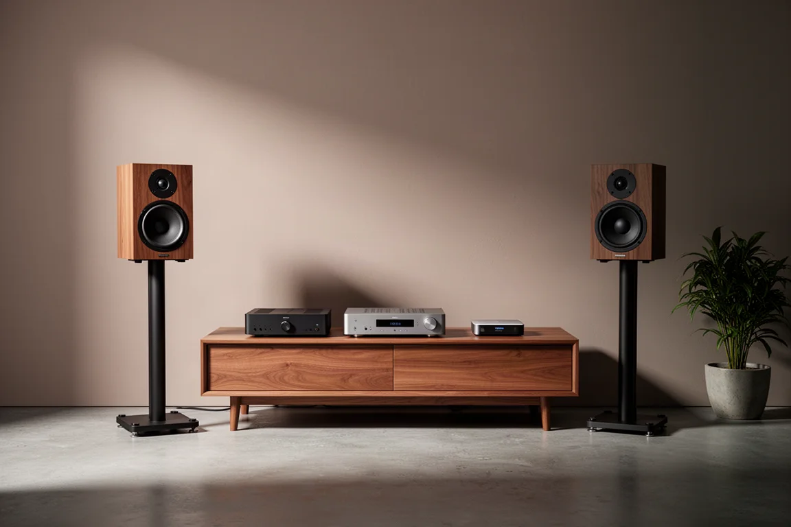 Two-channel stereo setup with bookshelf speakers on stands and a slim amplifier on a wooden console