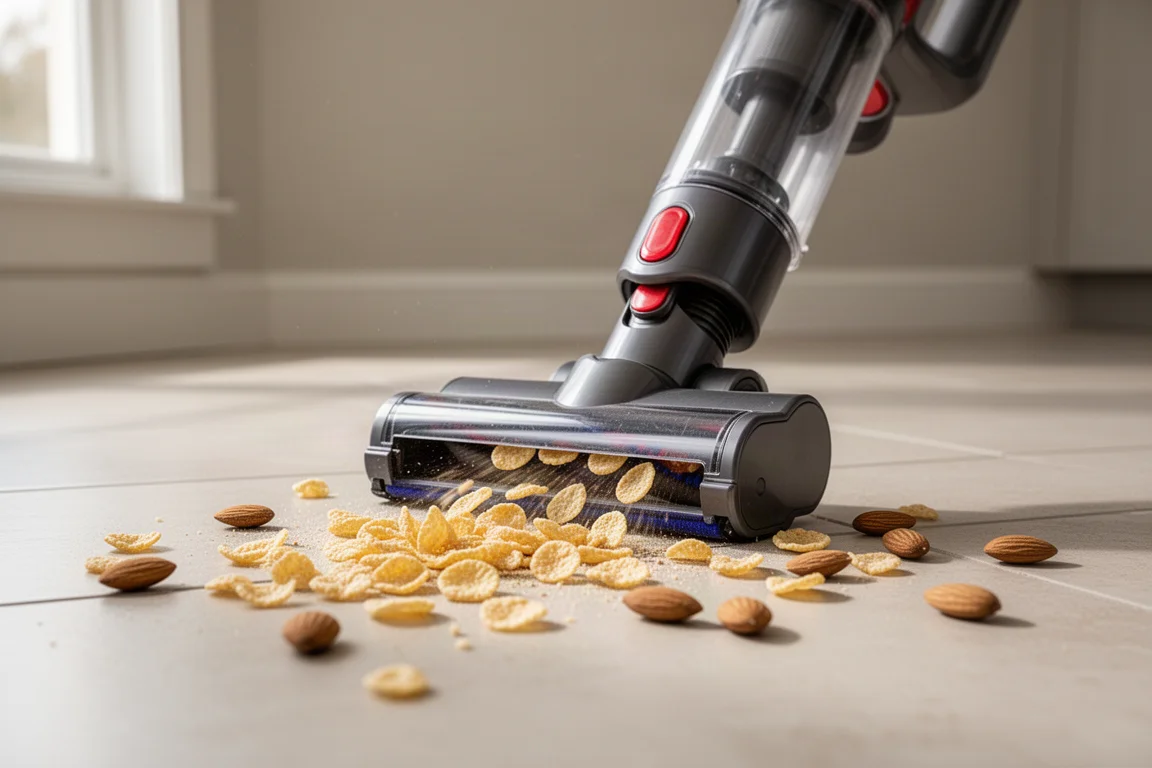 Aspiradora escoba limpiando cereales derramados y almendras de un suelo de cocina