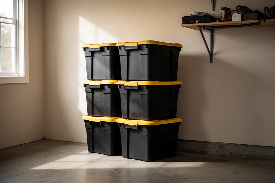Stack of black and yellow storage totes lined up in a garage