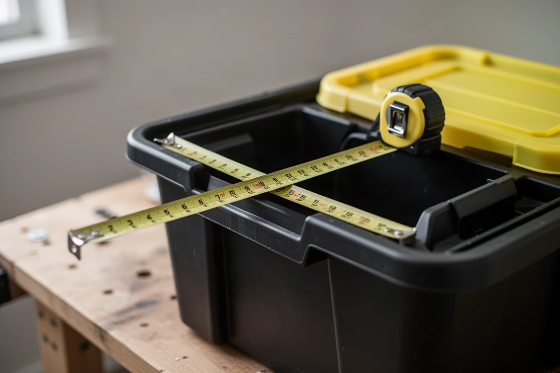 Person checking the fit of a tote lid with a tape measure on a workbench