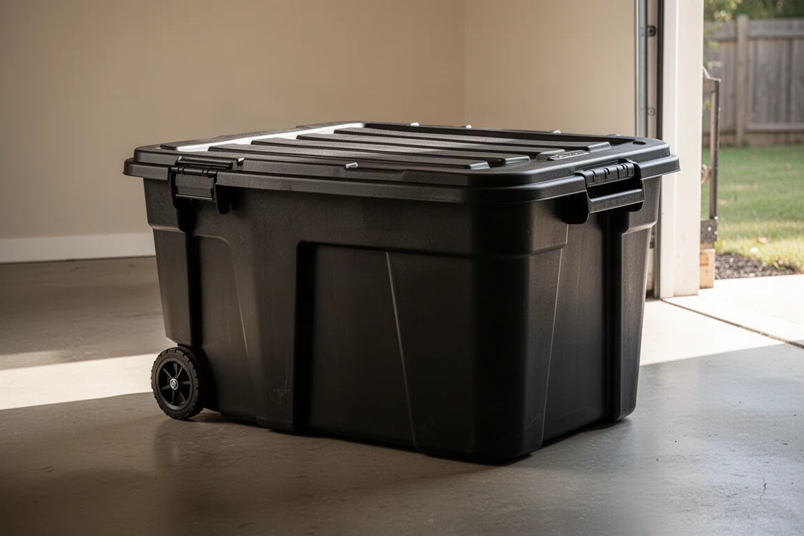 Large wheeled storage tote with a raised ridged lid in a garage