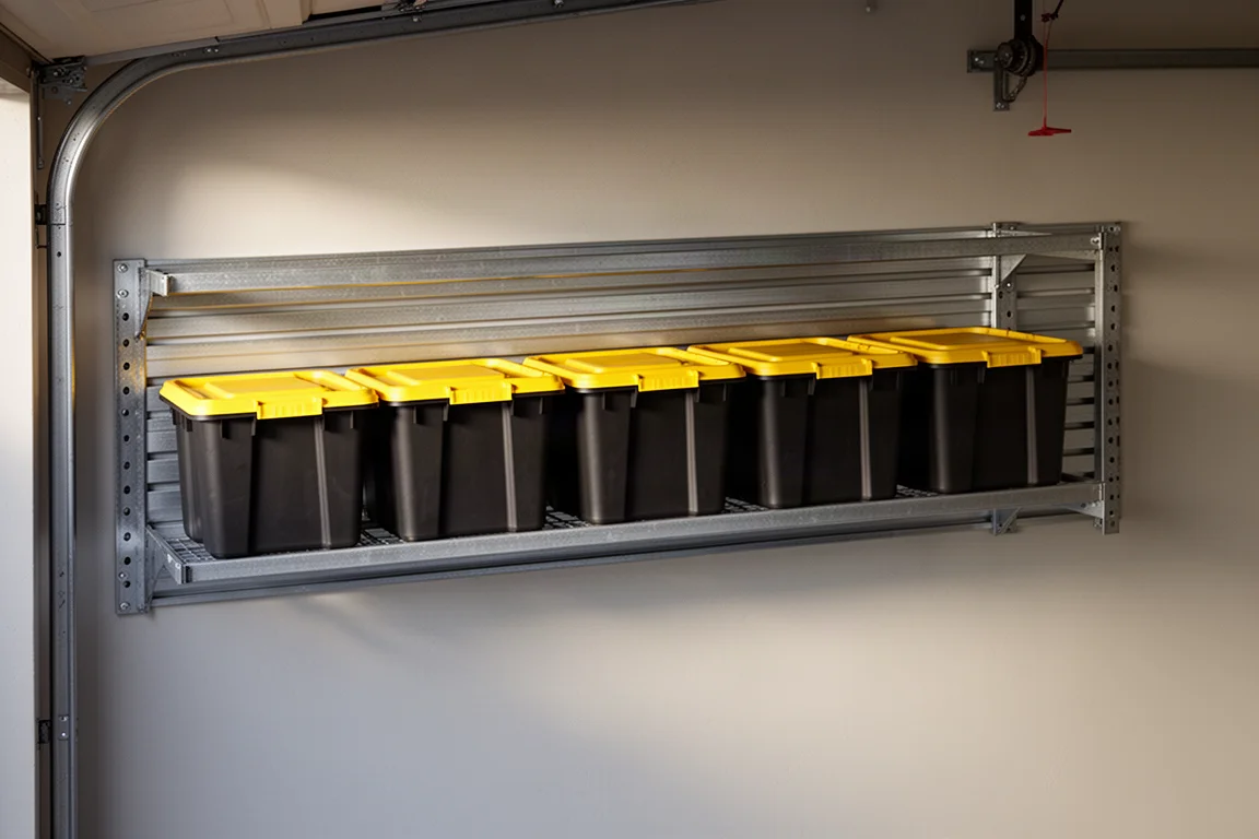 Wall-mounted storage rack holding a row of black and yellow totes