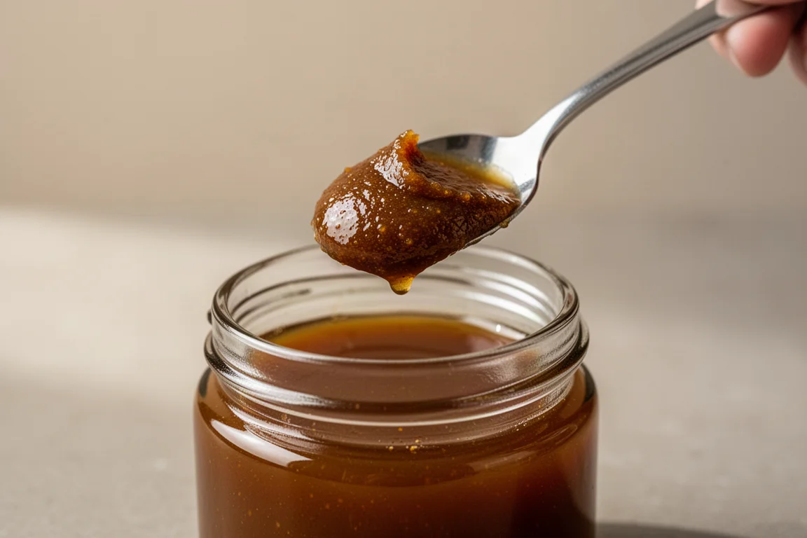 Ein kleiner Löffel hebt würzige Brühenpaste über einem Glasgefäß