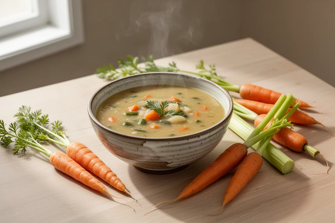 Eine Schale dampfende vegetarische Suppe neben frischem Gemüse