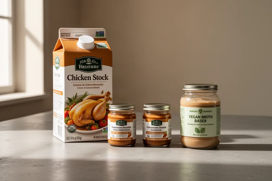 Assorted broth cartons and bouillon jars arranged on a concrete kitchen counter