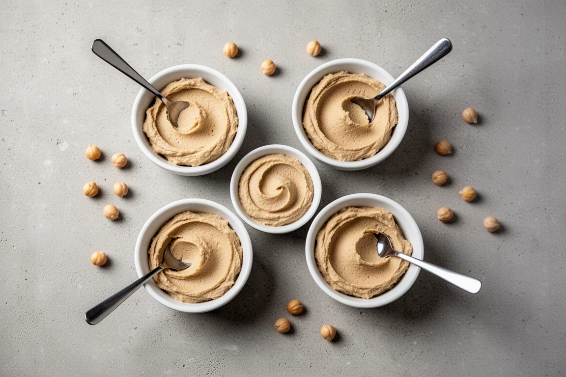 Hands dipping warm pita into a bowl of creamy hummus
