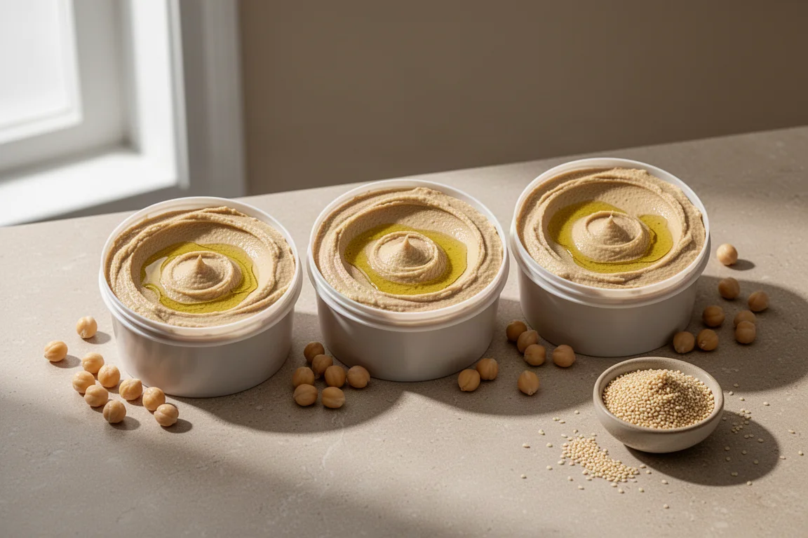 Skålar med krämig hummus och pitabrädskilor på ett betongbord