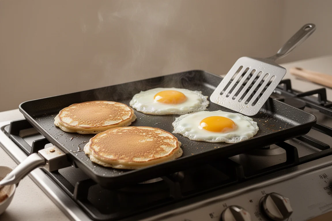 Pancake e uova che cuociono fianco a fianco su una grande placca piatta