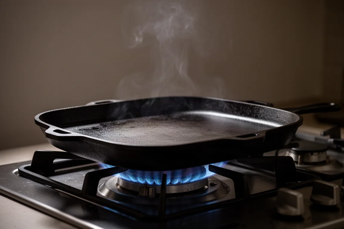 Placca spessa in ghisa che si scalda leggermente sopra una fiamma a gas