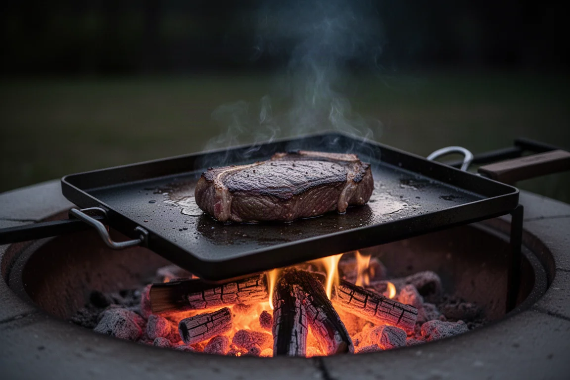 Placca su un fuoco all'aperto che cuoce una bistecca a fiamma viva