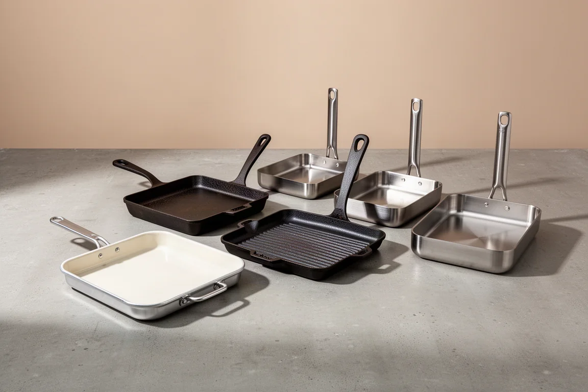 Six stovetop griddles of different materials arranged in a row on concrete