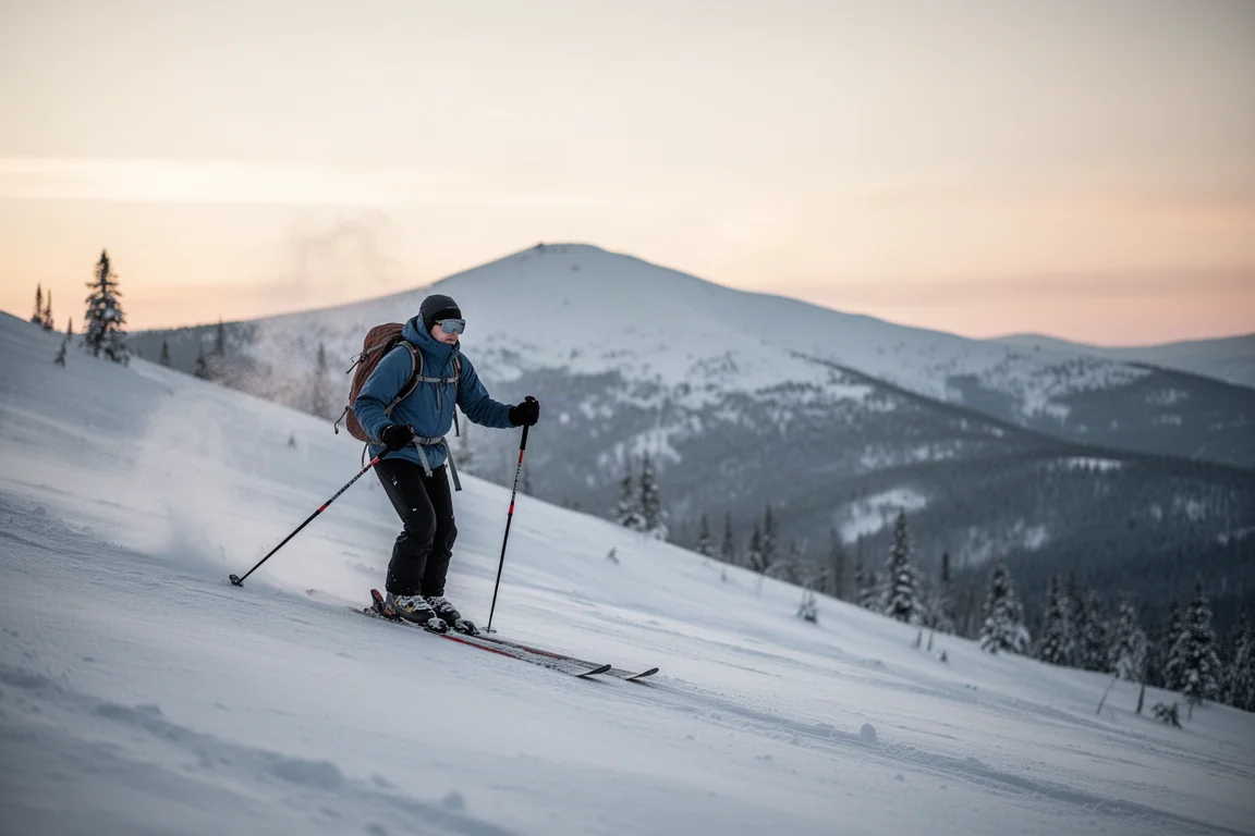 Skier skinning up a snowy backcountry slope in early morning light