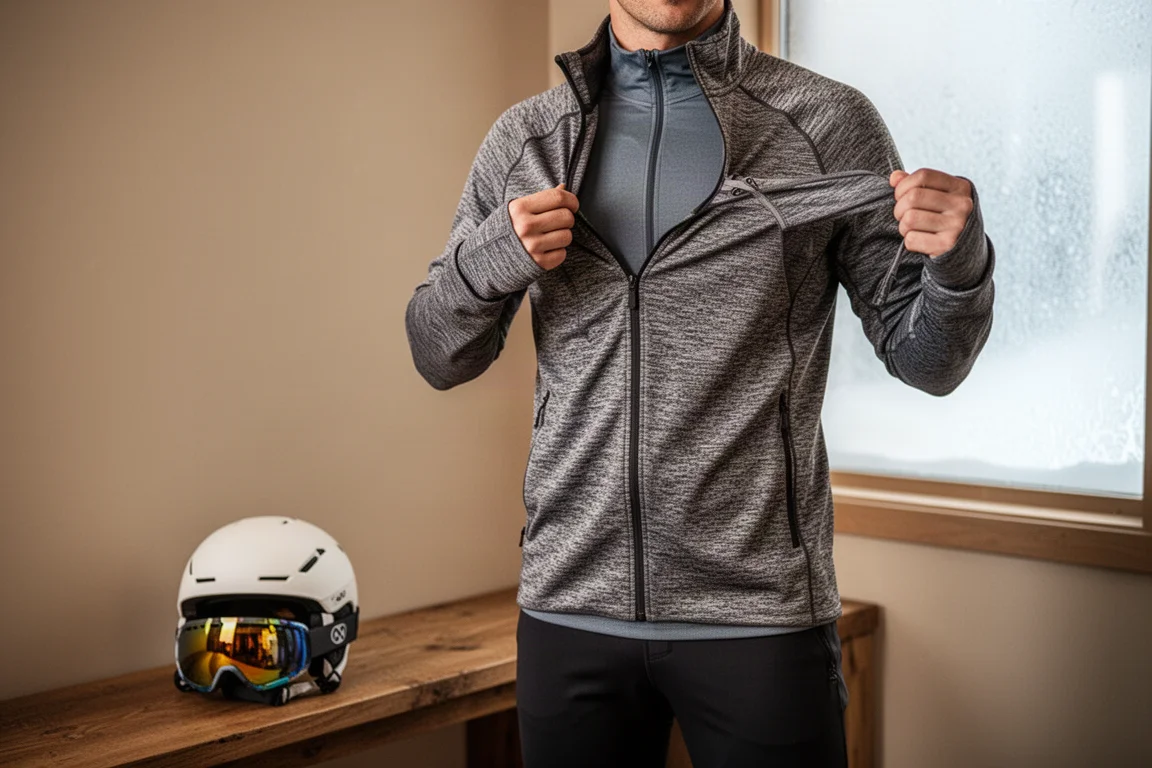 Skier adjusting layers in a ski resort lodge with snow gear nearby