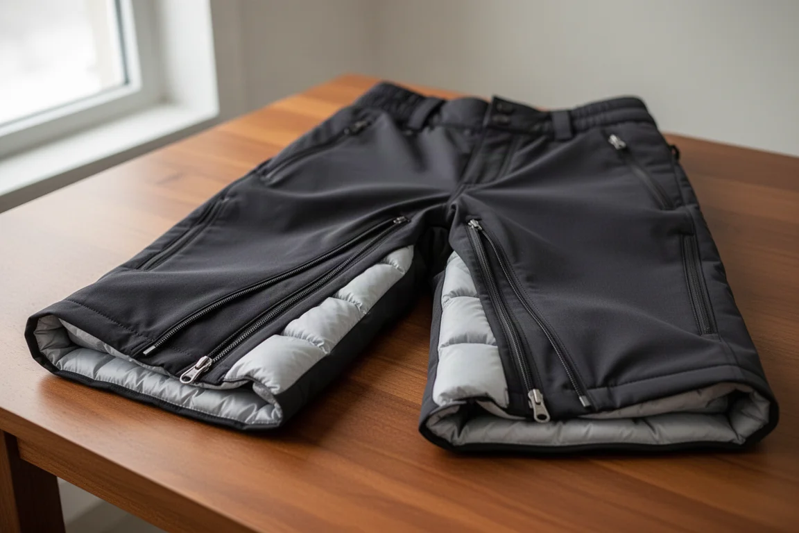 Close-up of full-length side zippers on insulated ski shorts