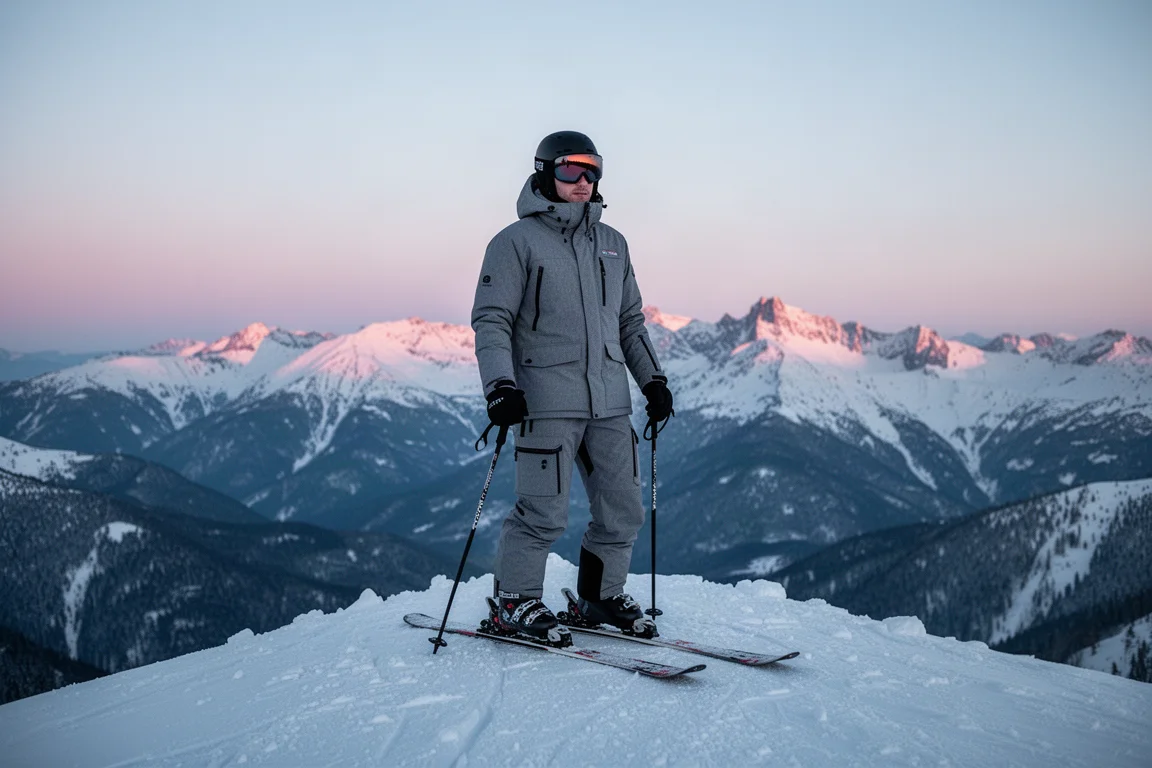 Skier standing on a snowy summit in an insulated jacket and pants at dusk