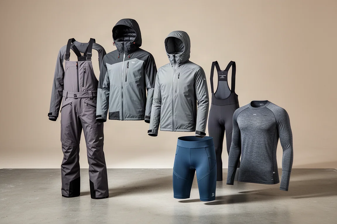 Collection of Strafe ski outerwear and layering pieces arranged on a concrete surface
