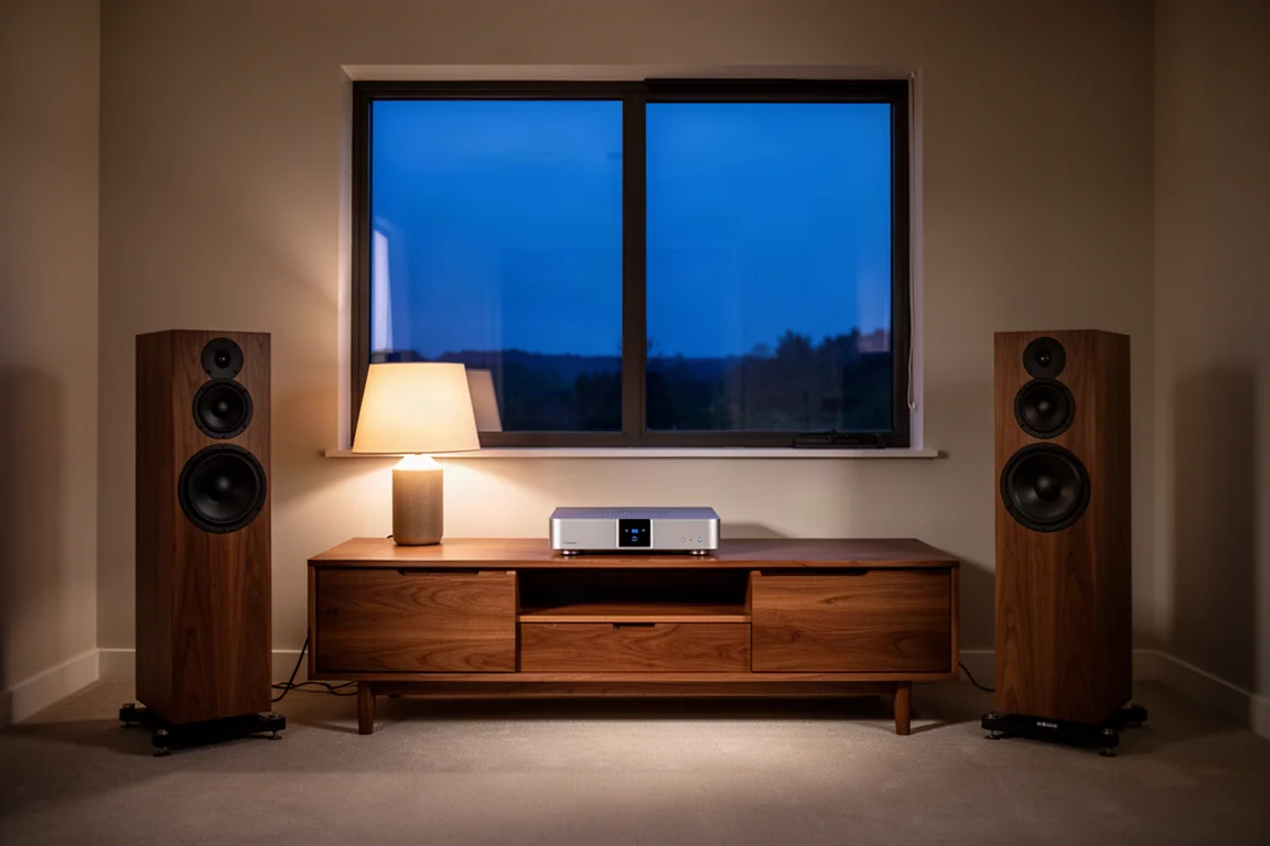 Sala de escucha con luz tenue al atardecer, altavoces y un amplificador delgado sobre un aparador