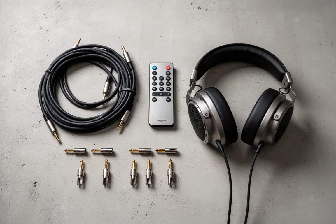 Vista cenital de cables de altavoz, mando a distancia, auriculares y conectores banana sobre hormigón