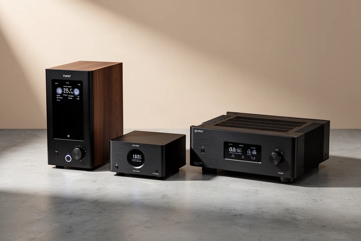 Three slim black hi-fi components arranged in a row on a concrete surface