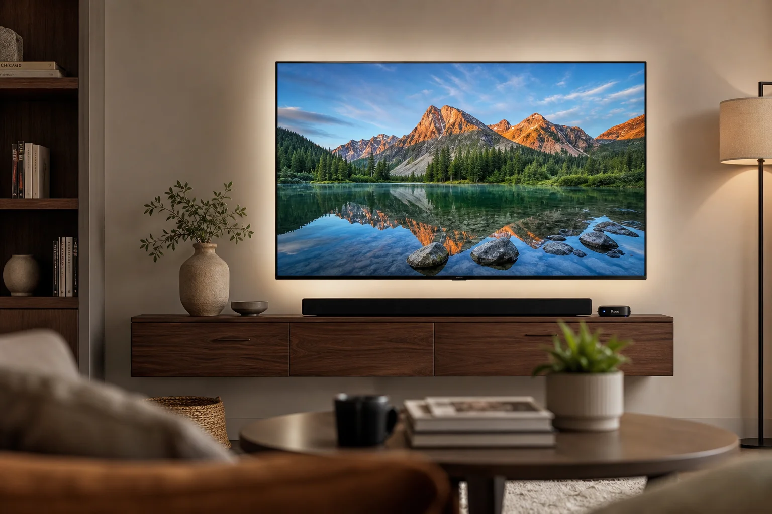 Living room with wall-mounted TV displaying 4K content and streaming device