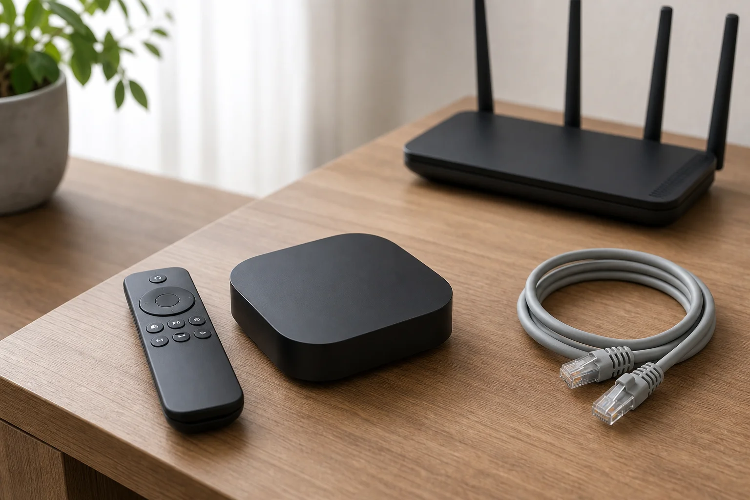 Streaming device on desk with ethernet cable and Wi-Fi router nearby