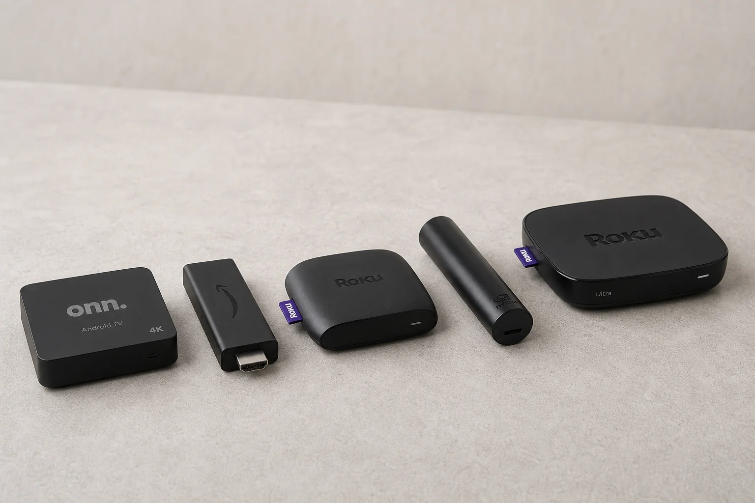 Five streaming devices arranged in descending order on concrete surface