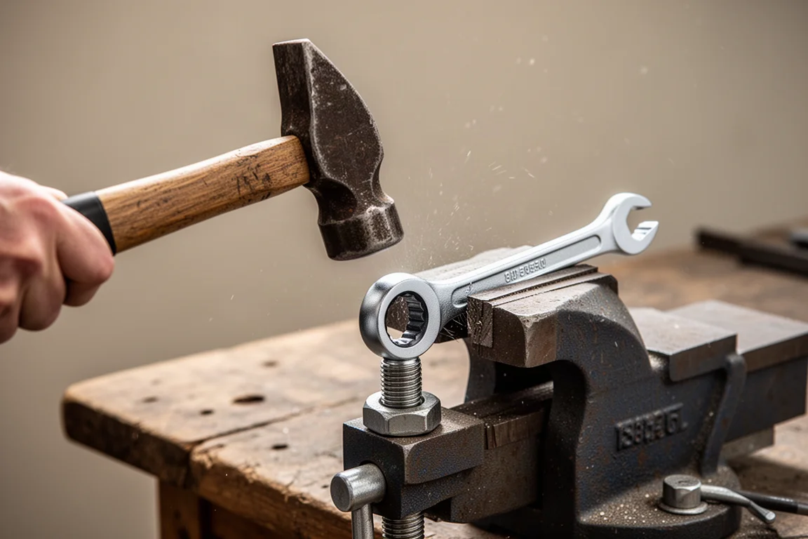Hammer striking a slug wrench fitted on a bolt head clamped in a bench vice