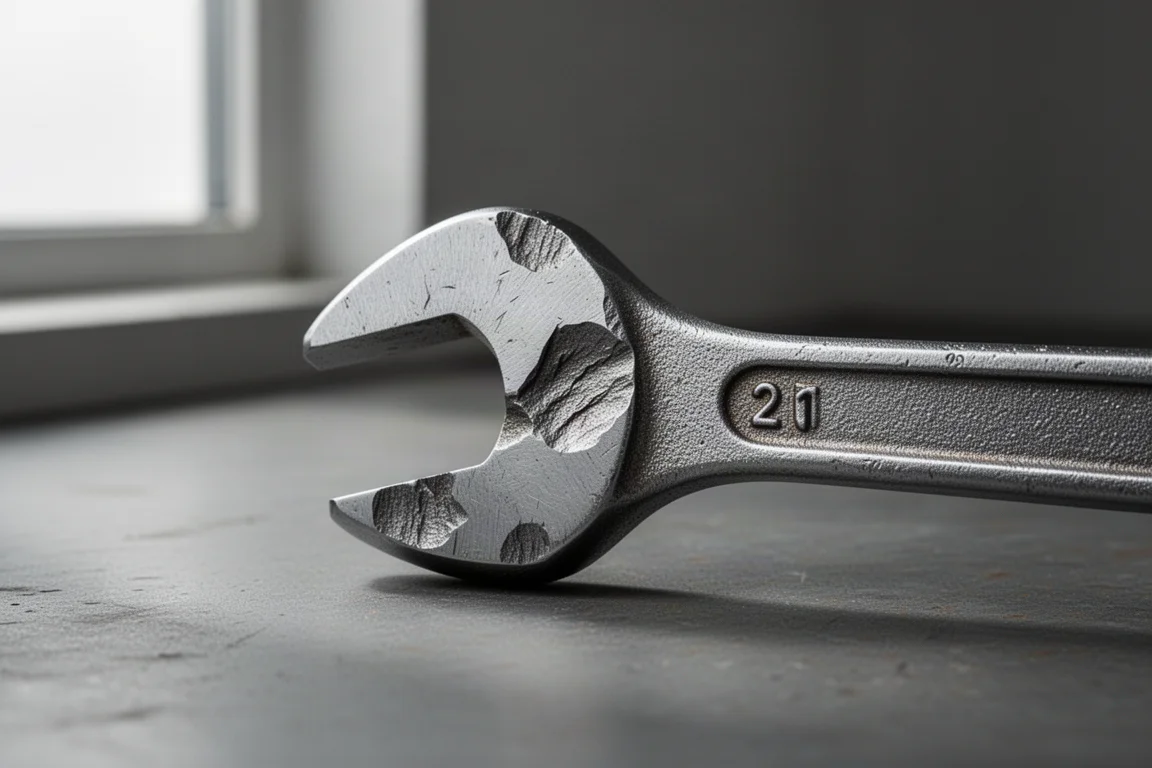 Close-up of a heavy rounded striking face on a short wrench body