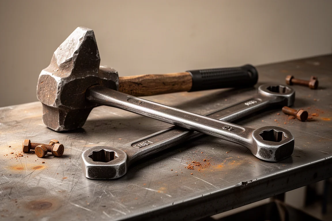 Large hammer and heavy striking wrench resting on a workshop bench